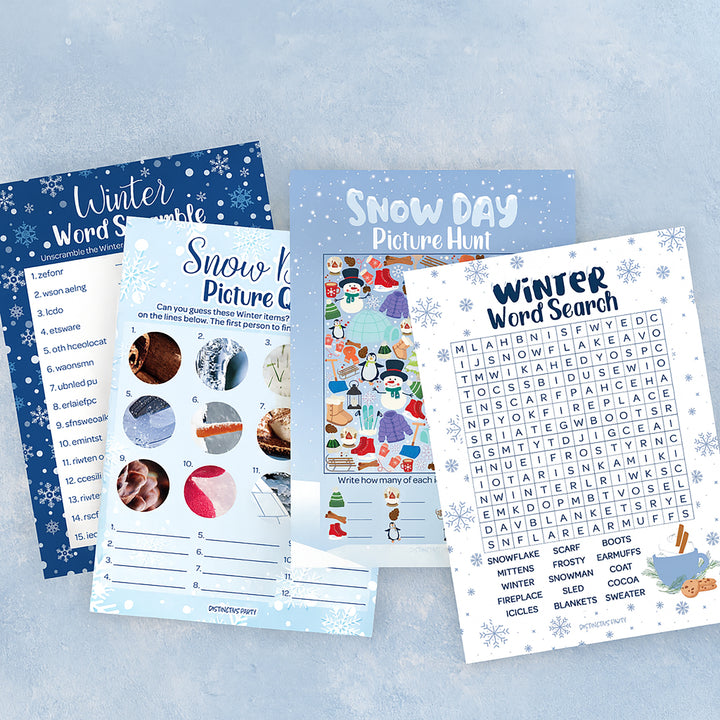 Winter Game: Blue Snowflakes - Winter Word Search, Picture Hunt , Word Scramble and Picture Quiz- 4 Game Bundle for 25 Kids