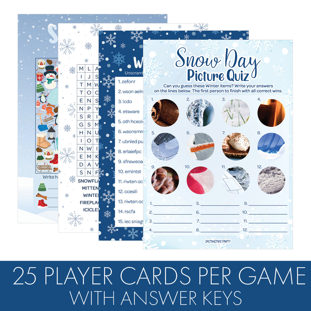 Winter Game: Blue Snowflakes - Winter Word Search, Picture Hunt , Word Scramble and Picture Quiz- 4 Game Bundle for 25 Kids