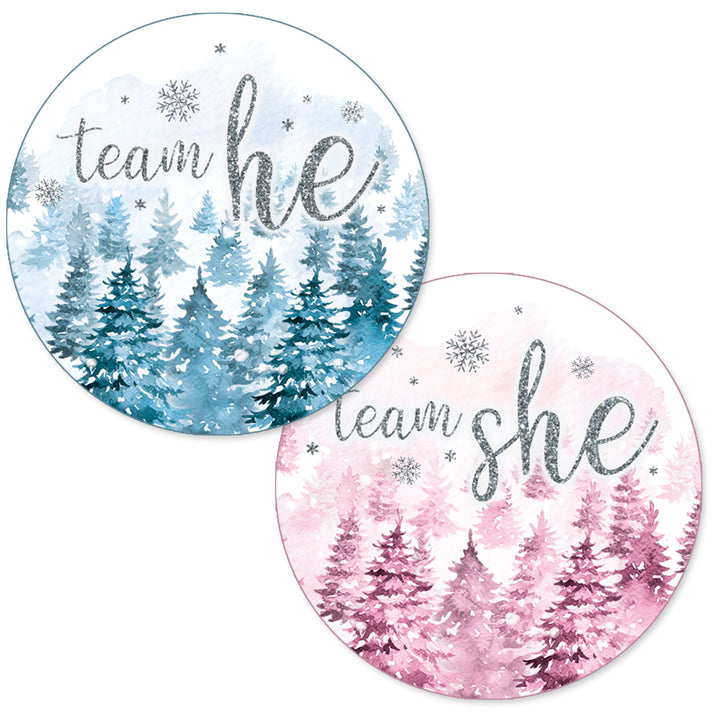 Winter Trees Evergreen: Baby Gender Reveal Party - Team He or She - 40 Stickers