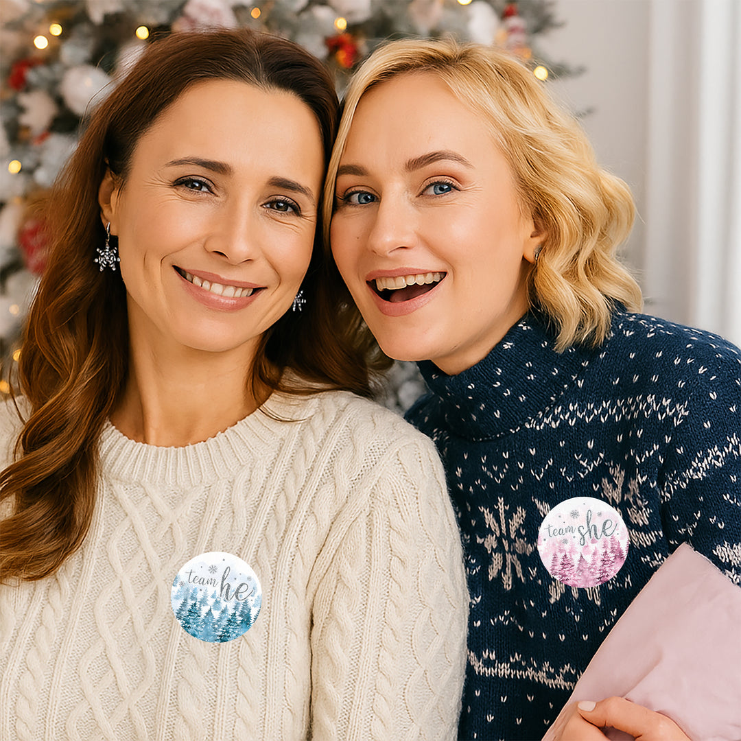 Winter Trees Evergreen: Baby Gender Reveal Party - Team He or She - 40 Stickers