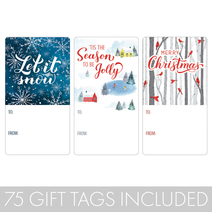 Christmas Gift Tag Stickers: Let it Snow, Village, Birch Trees & Cardinals  – 75 Stickers