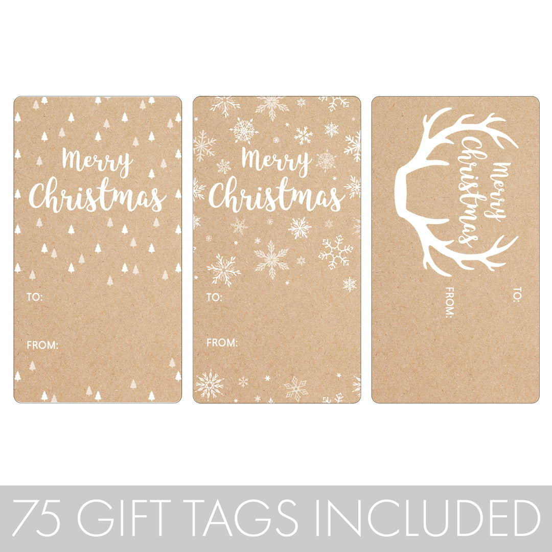 Christmas Gift Tag Stickers: Christmas Trees, Antlers & Snowflakes on Kraft  – 75 Stickers