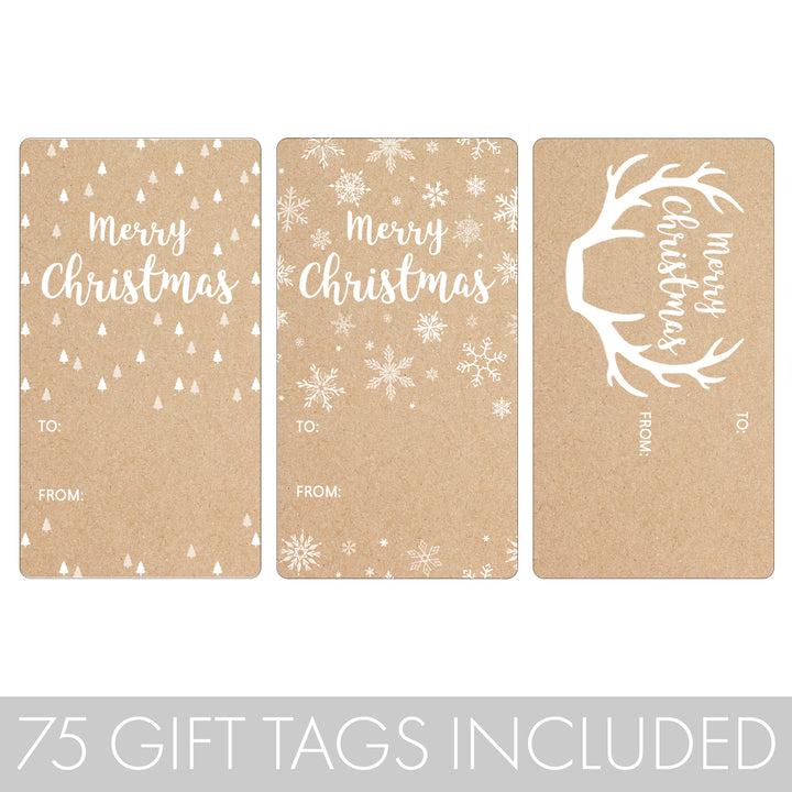 Christmas Gift Tag Stickers: Christmas Trees, Antlers & Snowflakes on Kraft  – 75 Stickers