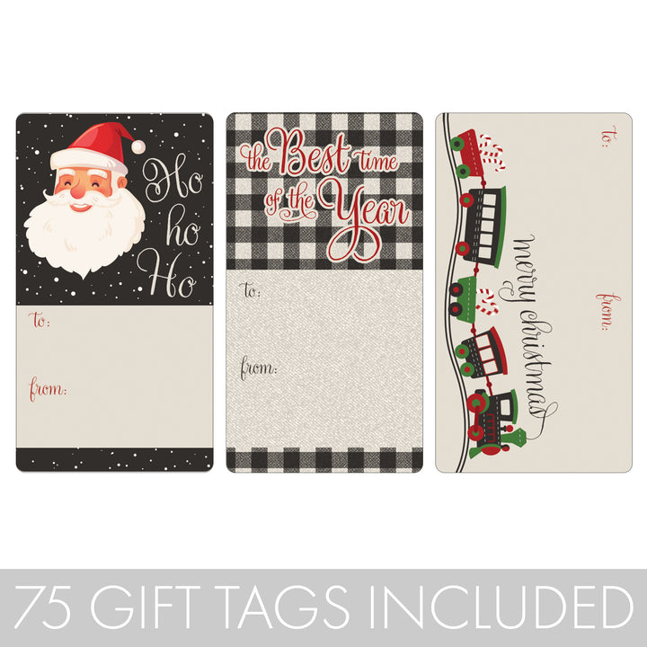 Christmas Gift Tag Stickers: Santa, Toy Train, and Buffalo Plaid  – 75 Stickers