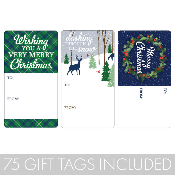 Christmas Gift Tag Stickers: Woodland, Wreath, and Green Plaid  – 75 Stickers