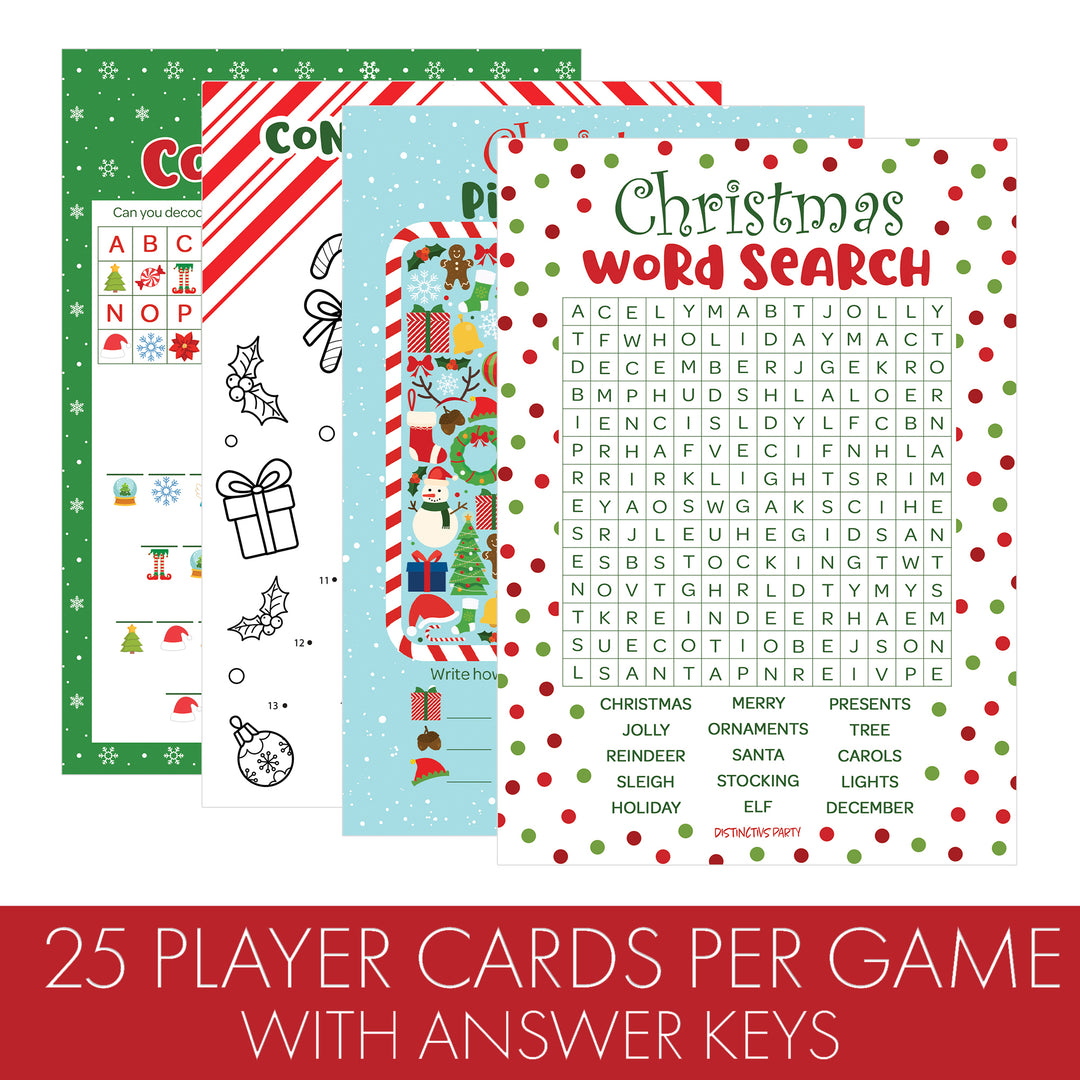 Christmas Cheer: Christmas Party Game Bundle- Word Search, Picture Hunt, Code Break & Connect the Dots - 4 Games for 25 Kids