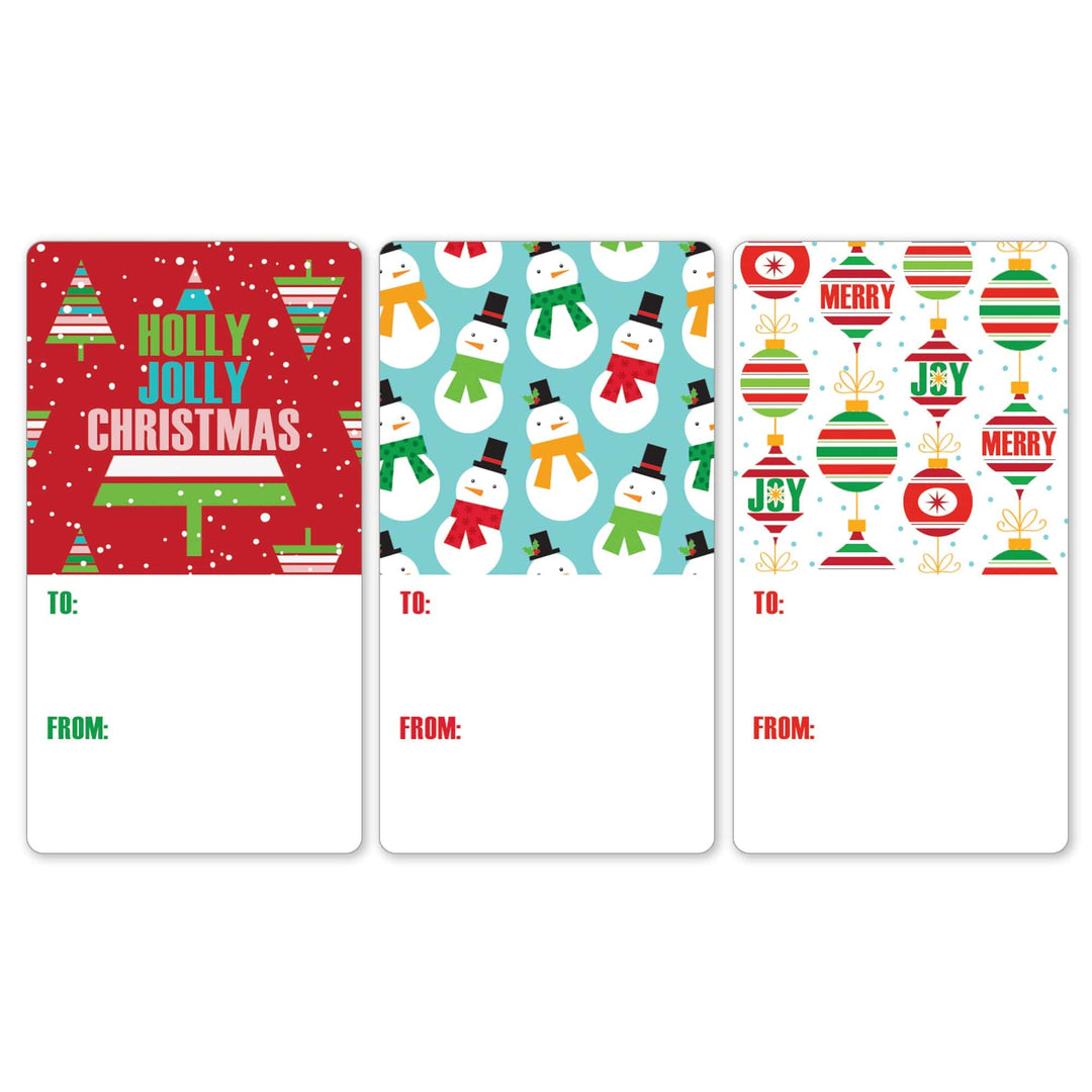 Three Christmas gift tags with festive patterns.