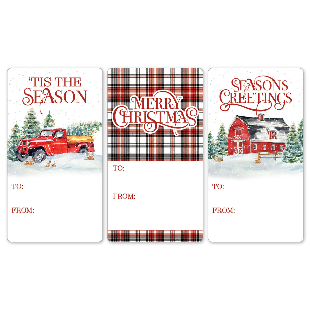 Christmas Gift Tag Stickers: Rustic Christmas Red Barn and Truck