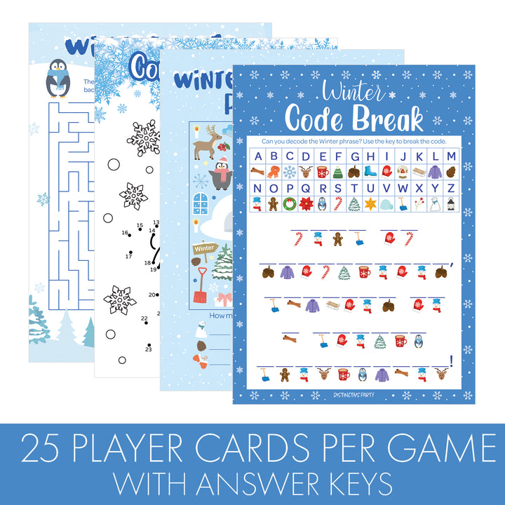 Winter Games: Blue Snowflakes - Picture Hunt, Code Break, Connect Dots, Maze - 4 Game Bundle for 25 Kids