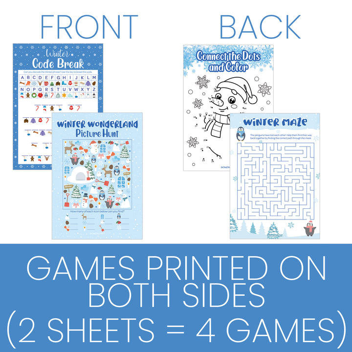 Winter Games: Blue Snowflakes - Picture Hunt, Code Break, Connect Dots, Maze - 4 Game Bundle for 25 Kids