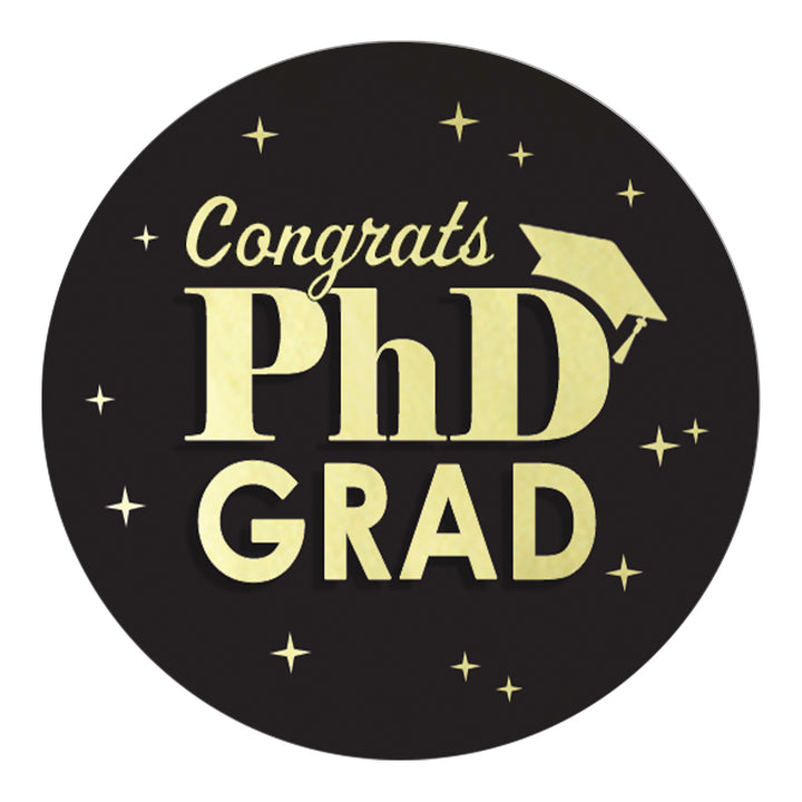 Graduation Class of 2025: Black and Gold PhD Graduation Party Favors Circle Stickers for Envelopes, Bag Seals - 40 Stickers