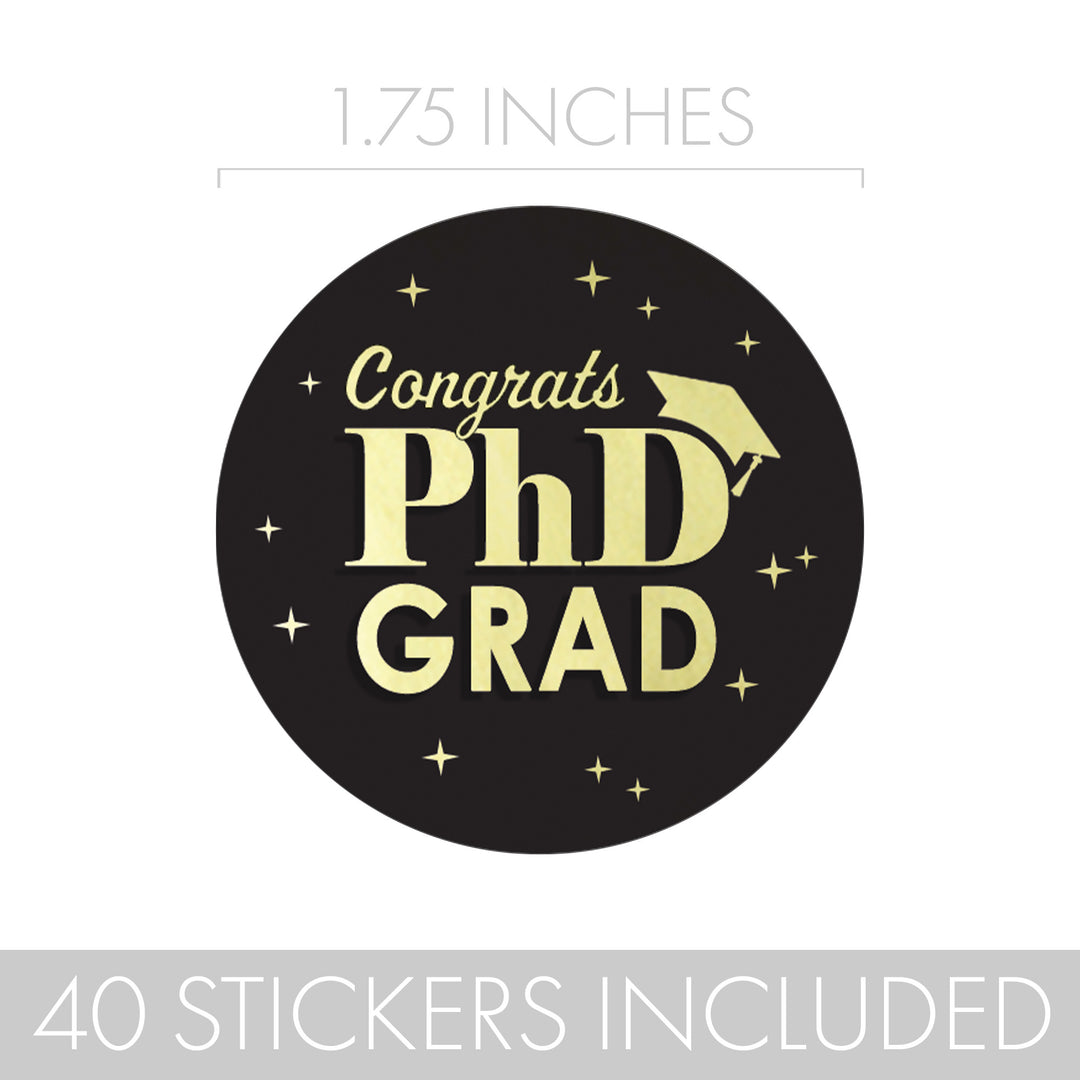 Graduation Class of 2025: Black and Gold PhD Graduation Party Favors Circle Stickers for Envelopes, Bag Seals - 40 Stickers