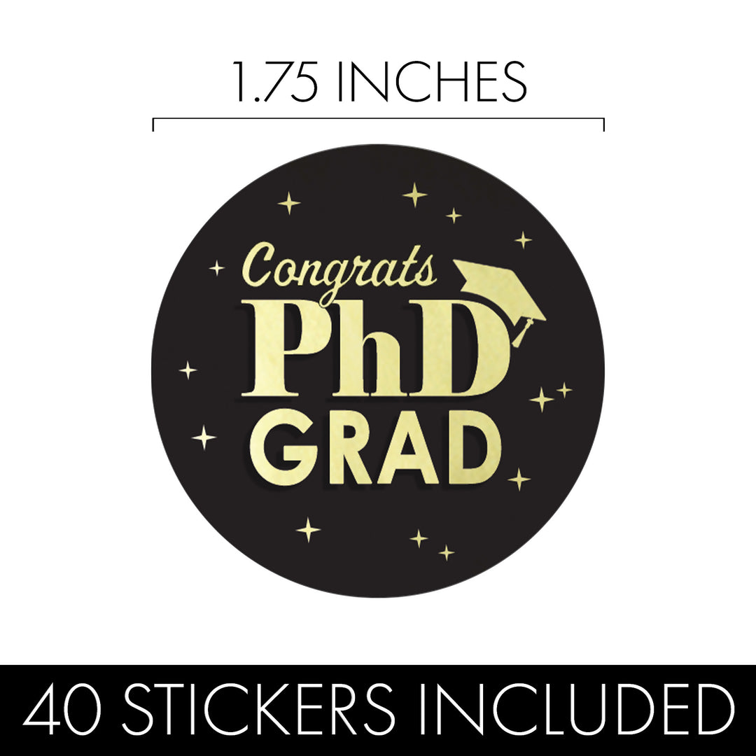 Graduation Class of 2025: Black and Gold PhD Graduation Party Favors Circle Stickers for Envelopes, Bag Seals - 40 Stickers