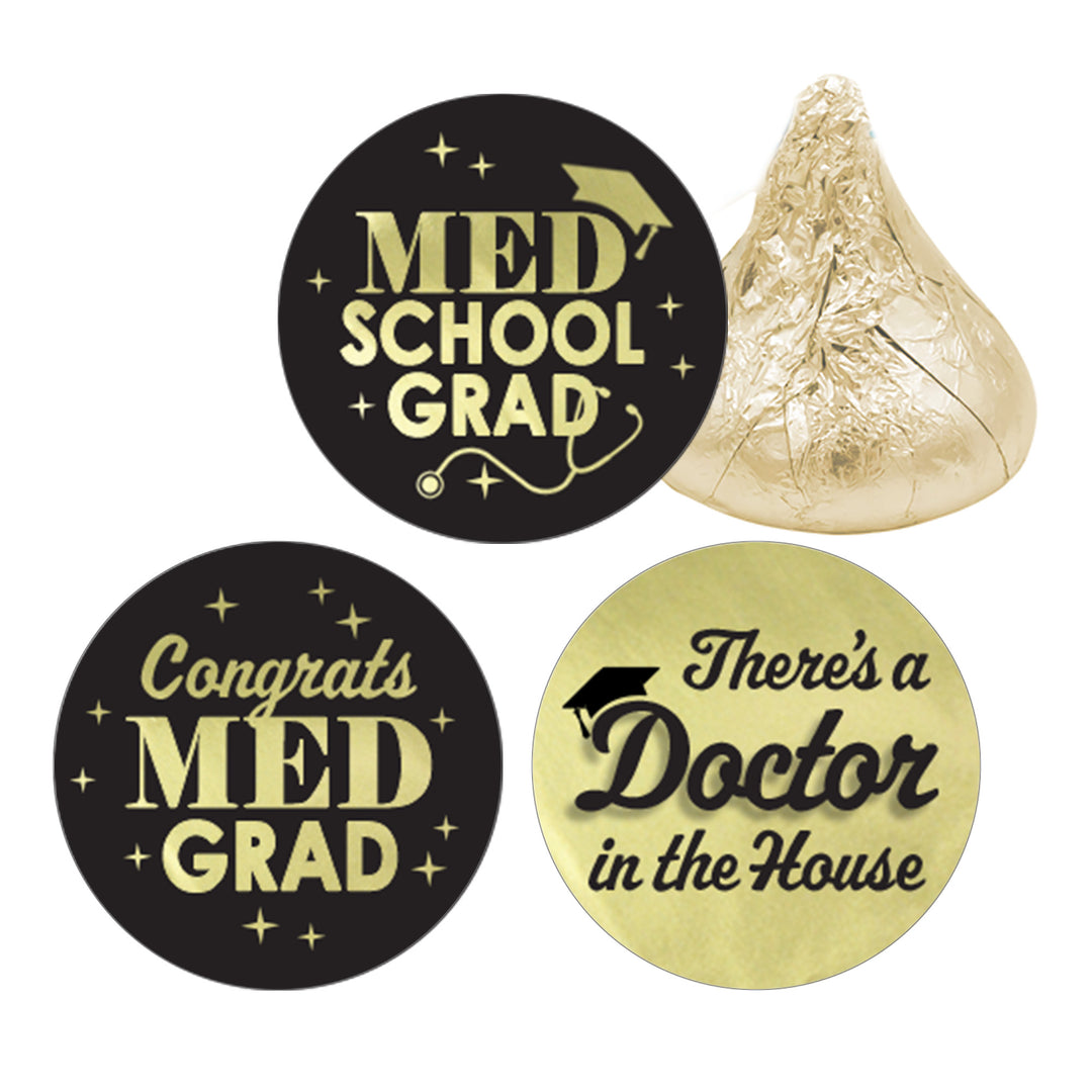 Graduation Class of 2025: Black and Gold Medical School Graduation Party Favors - Fits on Hershey® Kisses - 180 Stickers