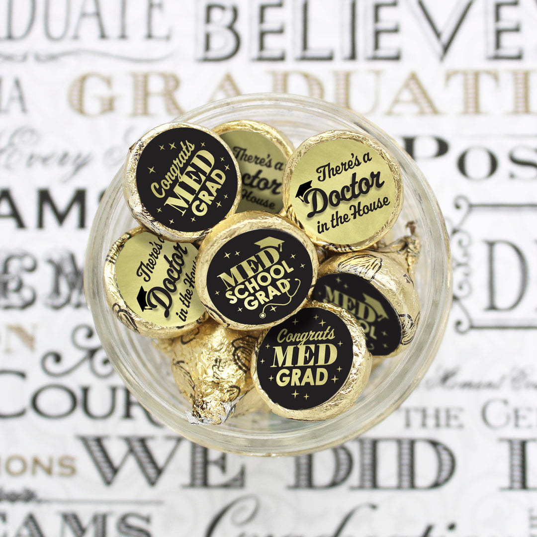 Graduation Class of 2025: Black and Gold Medical School Graduation Party Favors - Fits on Hershey® Kisses - 180 Stickers