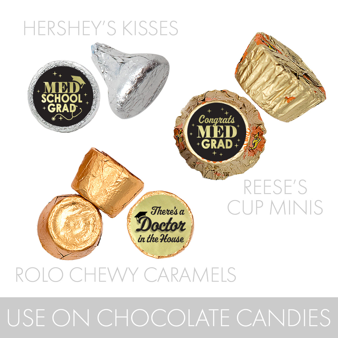 Graduation Class of 2025: Black and Gold Medical School Graduation Party Favors - Fits on Hershey® Kisses - 180 Stickers