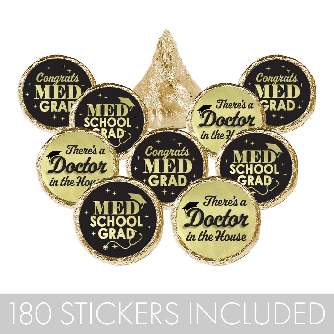 Graduation Class of 2025: Black and Gold Medical School Graduation Party Favors - Fits on Hershey® Kisses - 180 Stickers