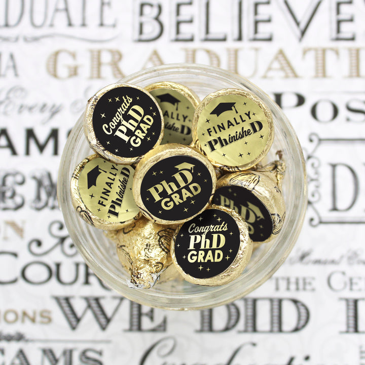 Graduation Class of 2025: Black and Gold PhD Graduation Party Favor Stickers - Fits on Hershey® Kisses - 180 Stickers