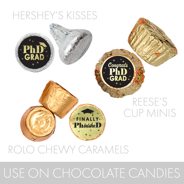 Graduation Class of 2025: Black and Gold PhD Graduation Party Favor Stickers - Fits on Hershey® Kisses - 180 Stickers