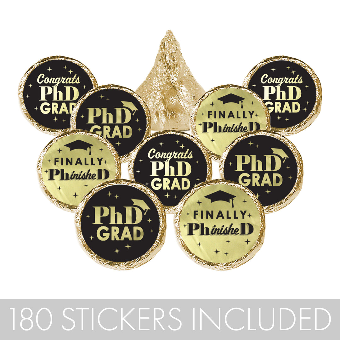 Graduation Class of 2025: Black and Gold PhD Graduation Party Favor Stickers - Fits on Hershey® Kisses - 180 Stickers