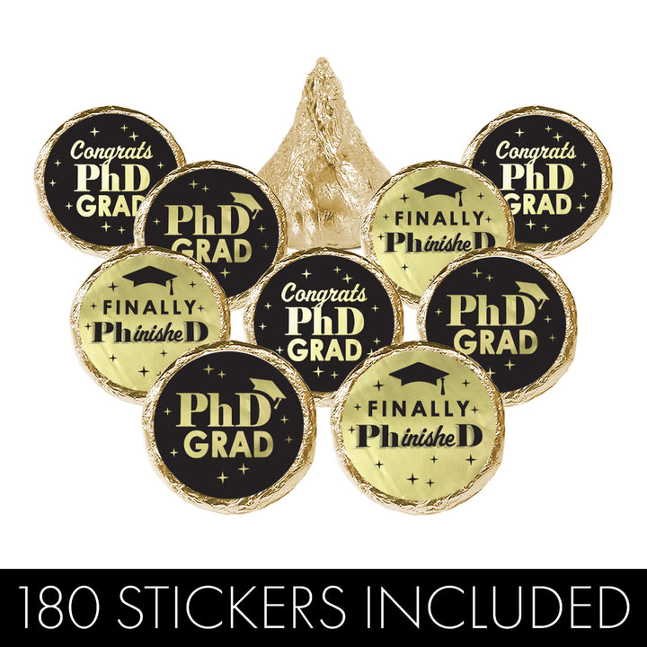 Graduation Class of 2025: Black and Gold PhD Graduation Party Favor Stickers - Fits on Hershey® Kisses - 180 Stickers