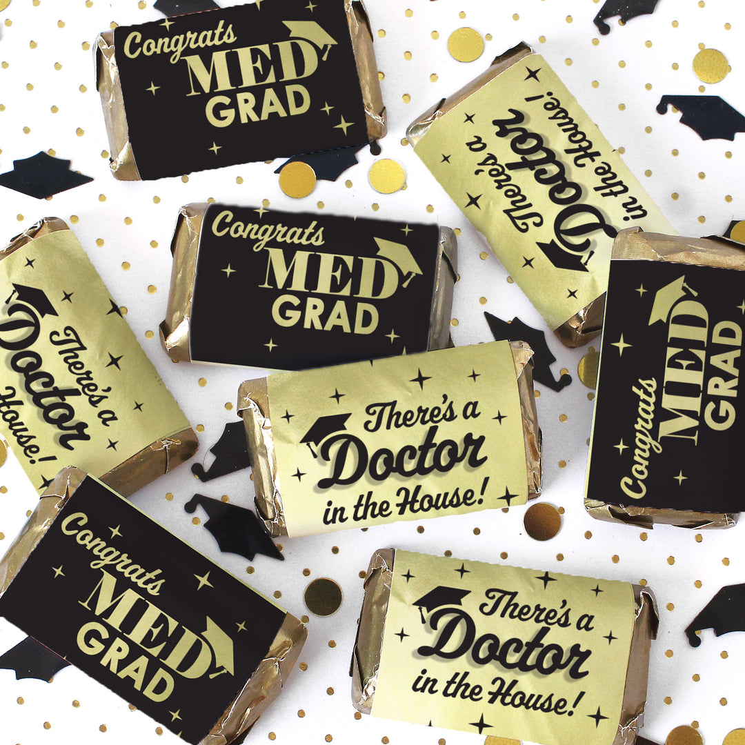 Graduation Class of 2025: Black and Gold Medical School Graduation Party Favors - Mini Chocolate Candy Bar Wrapper Labels - Fits on Hershey® Miniatures - 45 Stickers