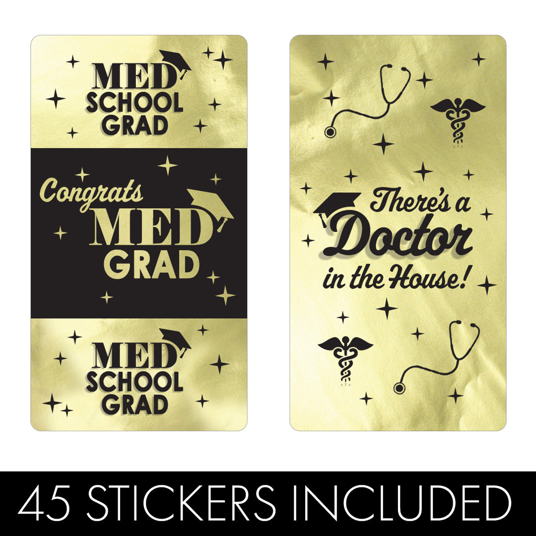 Graduation Class of 2025: Black and Gold Medical School Graduation Party Favors - Mini Chocolate Candy Bar Wrapper Labels - Fits on Hershey® Miniatures - 45 Stickers