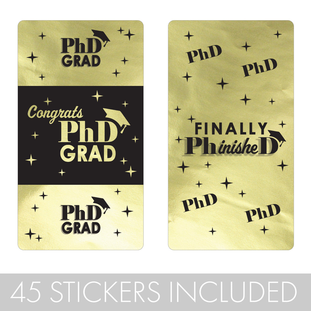 Graduation Class of 2025: Black and Gold PhD Graduation Party Favors - Mini Chocolate Candy Bar Wrapper Labels - Fits on Hershey® Miniatures - 45 Stickers