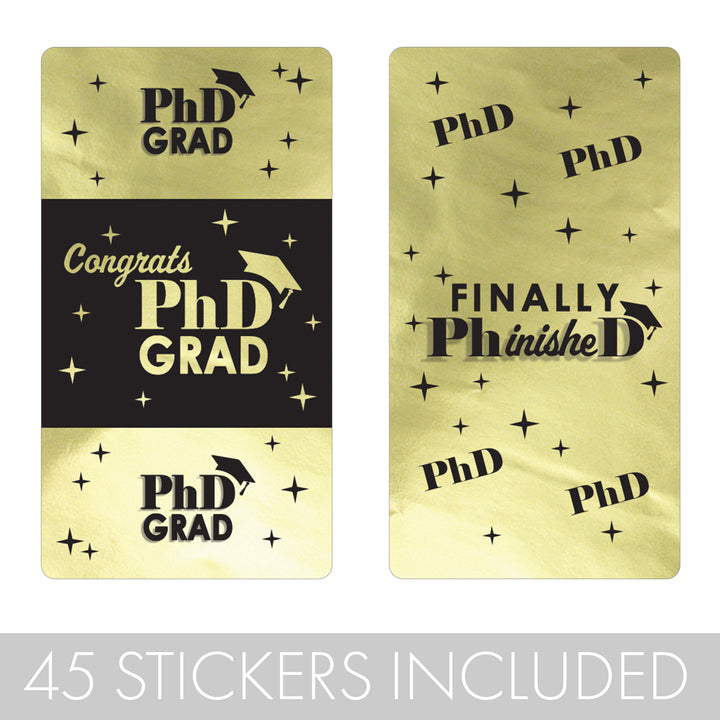 Graduation Class of 2025: Black and Gold PhD Graduation Party Favors - Mini Chocolate Candy Bar Wrapper Labels - Fits on Hershey® Miniatures - 45 Stickers