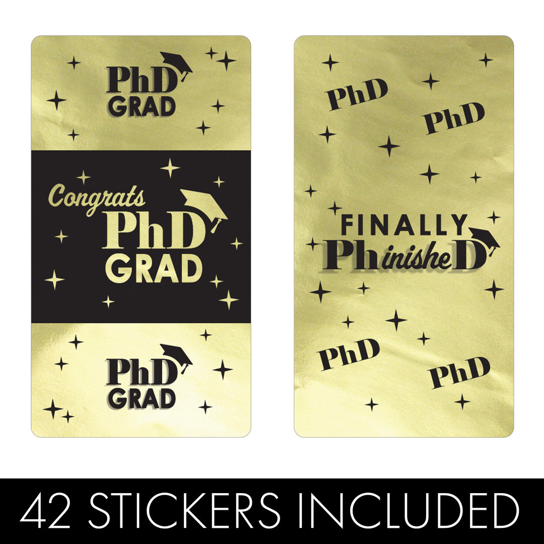 Graduation Class of 2025: Black and Gold PhD Graduation Party Favors - Mini Chocolate Candy Bar Wrapper Labels - Fits on Hershey® Miniatures - 42 Stickers