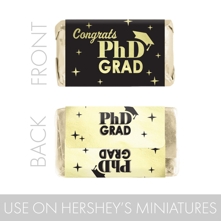 Graduation Class of 2025: Black and Gold PhD Graduation Party Favors - Mini Chocolate Candy Bar Wrapper Labels - Fits on Hershey® Miniatures - 45 Stickers