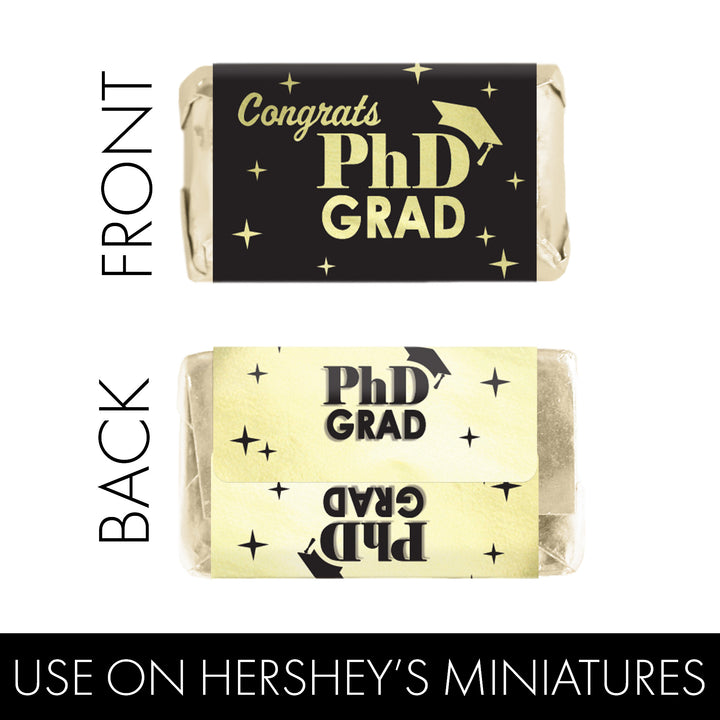 Graduation Class of 2025: Black and Gold PhD Graduation Party Favors - Mini Chocolate Candy Bar Wrapper Labels - Fits on Hershey® Miniatures - 45 Stickers