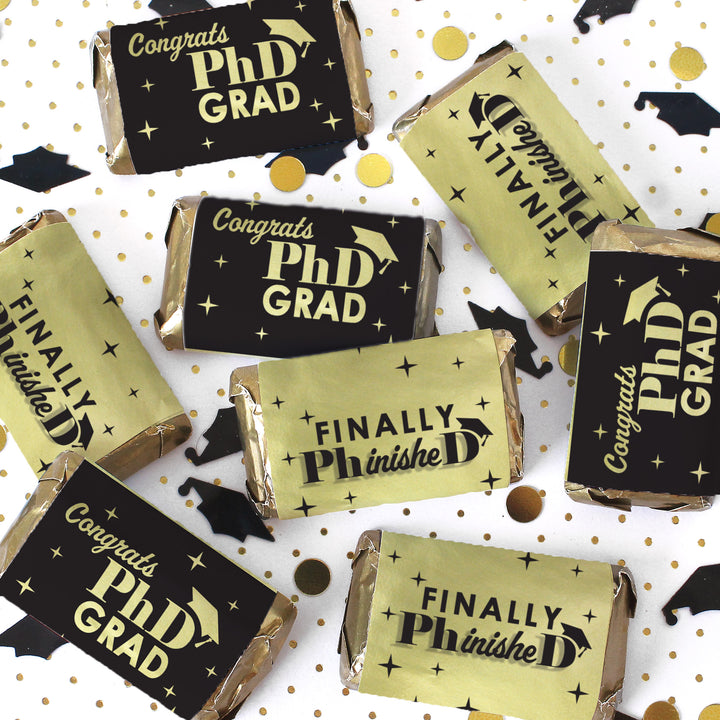 Graduation Class of 2025: Black and Gold PhD Graduation Party Favors - Mini Chocolate Candy Bar Wrapper Labels - Fits on Hershey® Miniatures - 45 Stickers