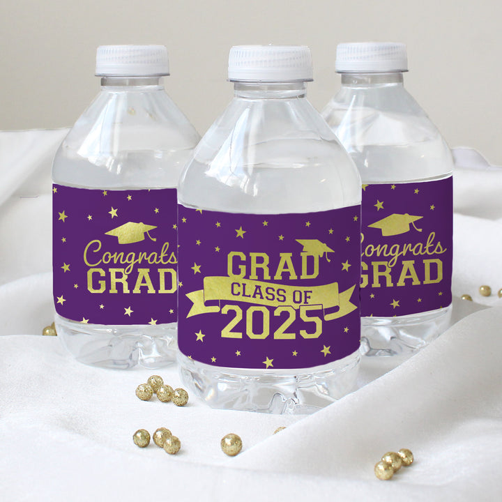 Promoción de graduación de 2024: obsequios para la fiesta de graduación - Etiquetas para botellas de agua - 10 colores escolares - 24 pegatinas impermeables