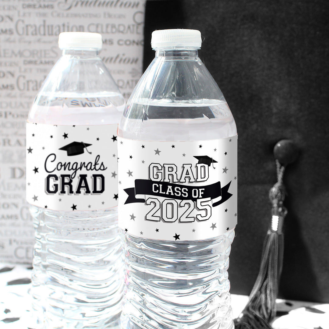 Promoción de graduación de 2024: obsequios para la fiesta de graduación - Etiquetas para botellas de agua - 10 colores escolares - 24 pegatinas impermeables