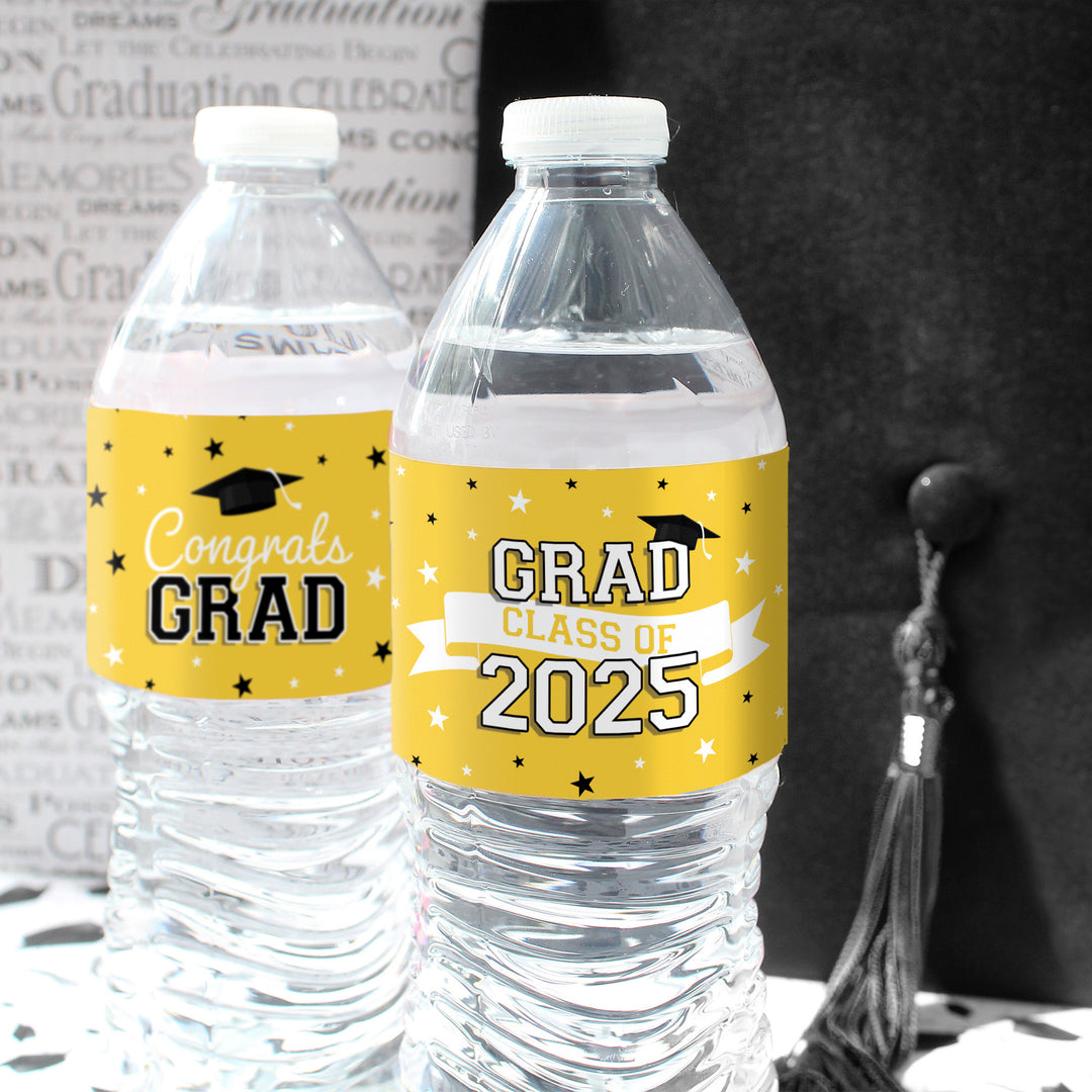 Promoción de graduación de 2024: obsequios para la fiesta de graduación - Etiquetas para botellas de agua - 10 colores escolares - 24 pegatinas impermeables