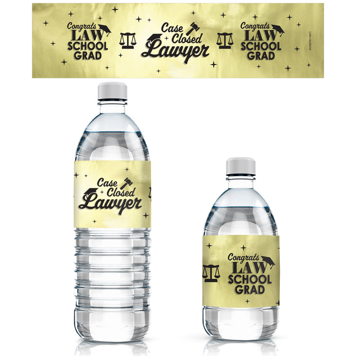 Graduation Class of 2025: Black and Gold Law School Graduation Party Favors - Water Bottle Labels  - 24 Waterproof Stickers