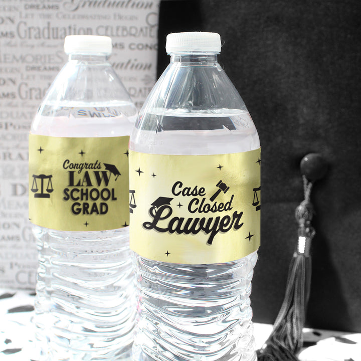 Graduation Class of 2025: Black and Gold Law School Graduation Party Favors - Water Bottle Labels  - 24 Waterproof Stickers