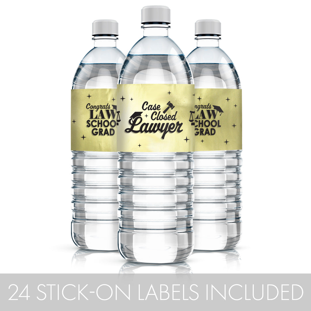 Graduation Class of 2025: Black and Gold Law School Graduation Party Favors - Water Bottle Labels  - 24 Waterproof Stickers