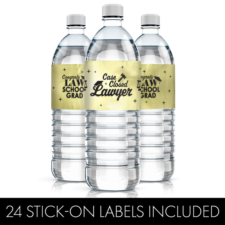 Graduation Class of 2025: Black and Gold Law School Graduation Party Favors - Water Bottle Labels  - 24 Waterproof Stickers