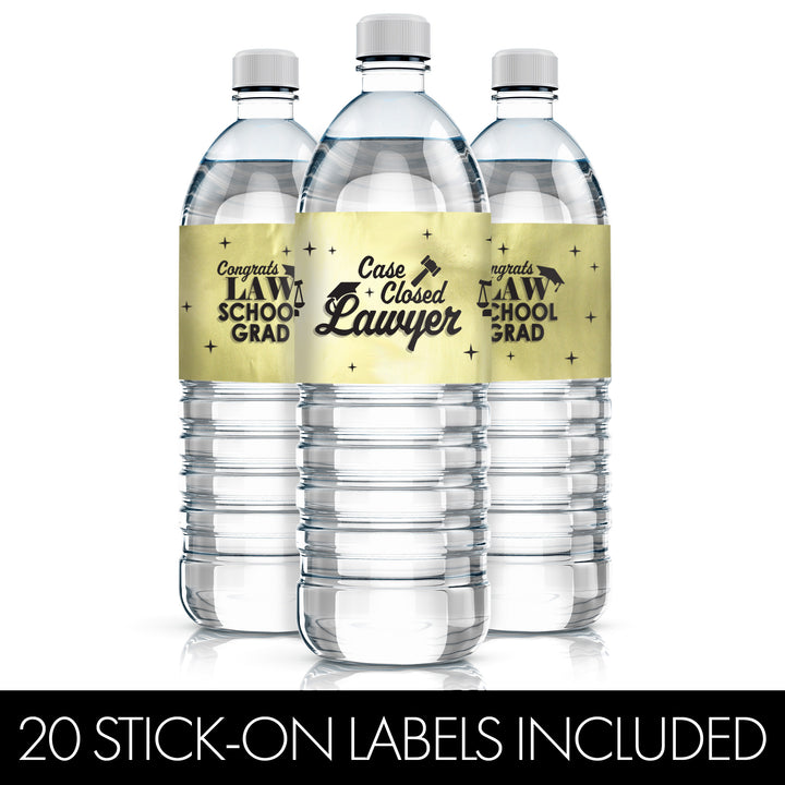 Graduation Class of 2025: Black and Gold Law School Graduation Party Favors - Water Bottle Labels  - 20 Waterproof Stickers