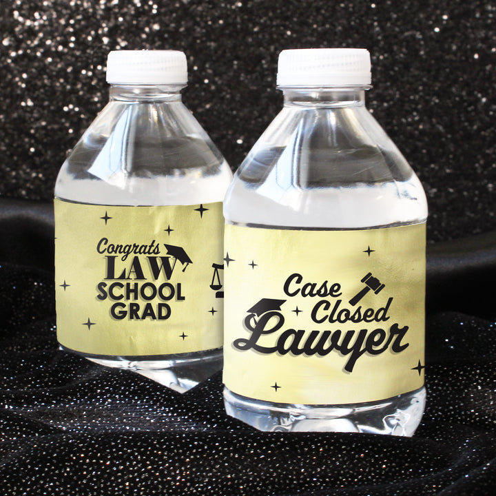 Graduation Class of 2025: Black and Gold Law School Graduation Party Favors - Water Bottle Labels  - 24 Waterproof Stickers