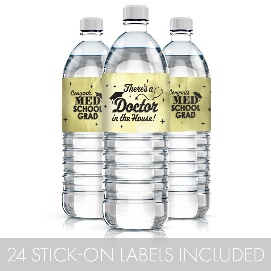 Graduation Class of 2025: Black and Gold Medical School Graduation Party Favors - Water Bottle Labels  - 24 Waterproof Stickers