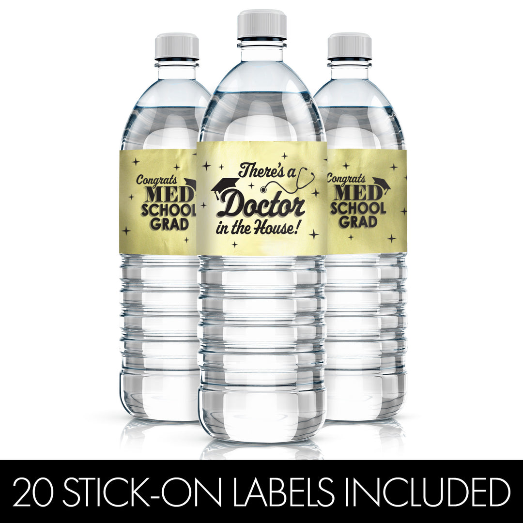 Graduation Class of 2025: Black and Gold Medical School Graduation Party Favors - Water Bottle Labels  - 20 Waterproof Stickers