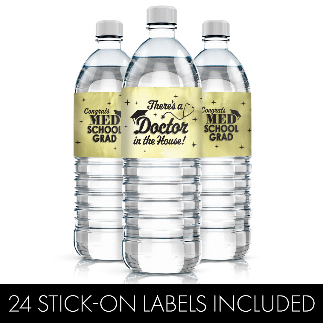 Graduation Class of 2025: Black and Gold Medical School Graduation Party Favors - Water Bottle Labels  - 24 Waterproof Stickers