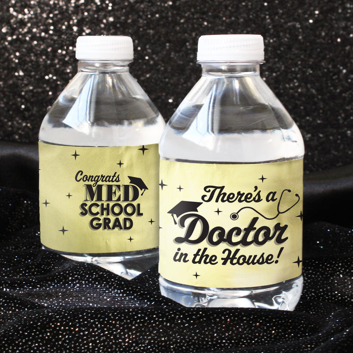 Graduation Class of 2025: Black and Gold Medical School Graduation Party Favors - Water Bottle Labels  - 24 Waterproof Stickers