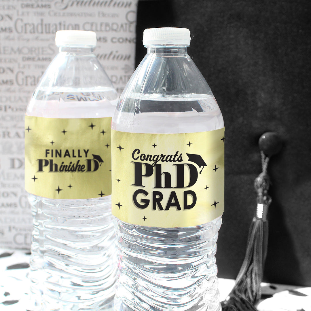 Graduation Class of 2025: Black and Gold PhD Graduation Party Favors - Water Bottle Labels  - 24 Waterproof Stickers