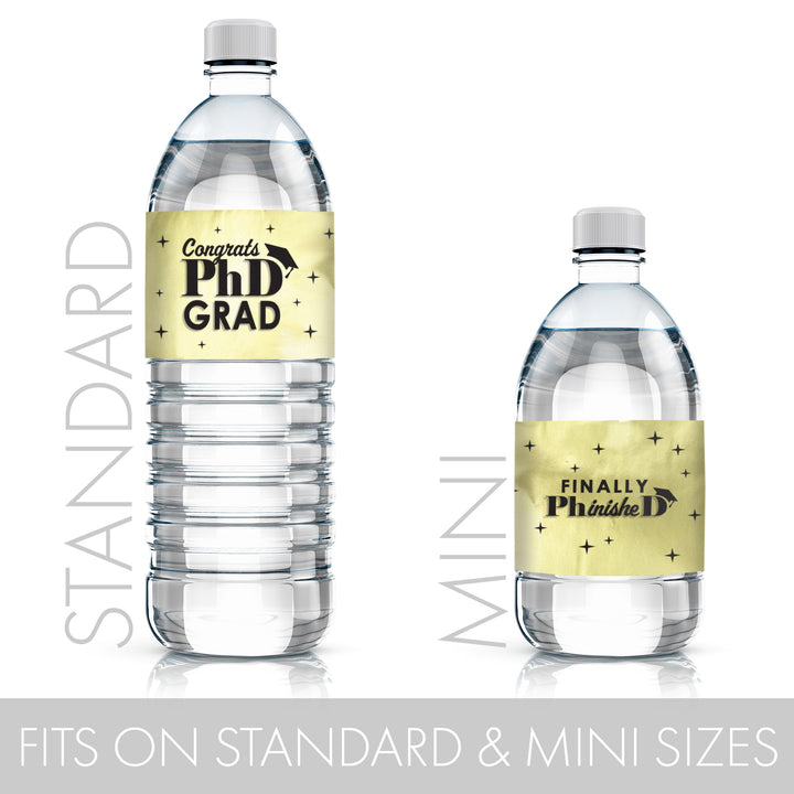 Graduation Class of 2025: Black and Gold PhD Graduation Party Favors - Water Bottle Labels  - 24 Waterproof Stickers