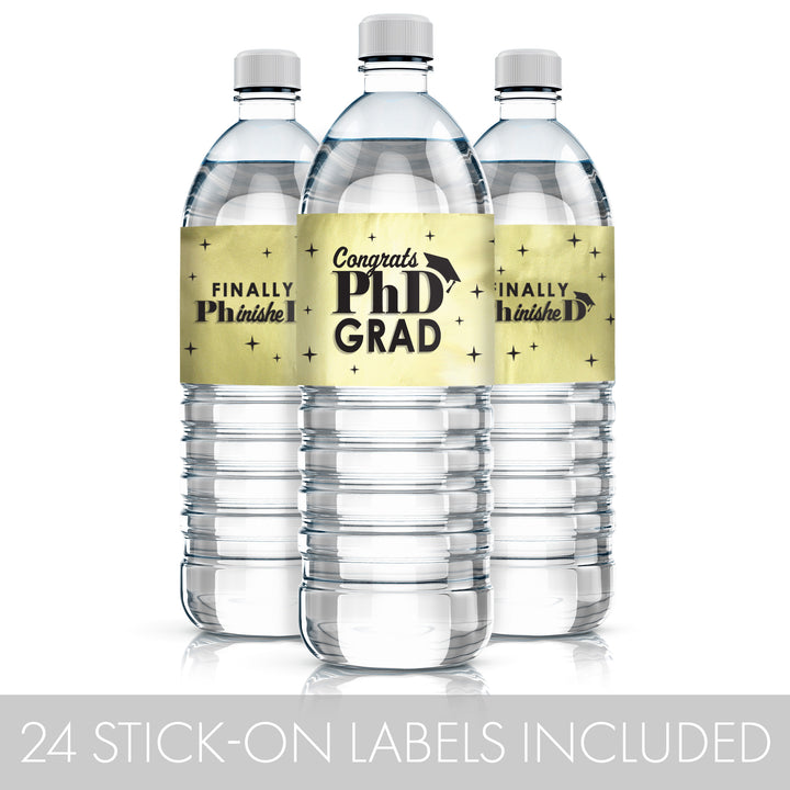 Graduation Class of 2025: Black and Gold PhD Graduation Party Favors - Water Bottle Labels  - 24 Waterproof Stickers