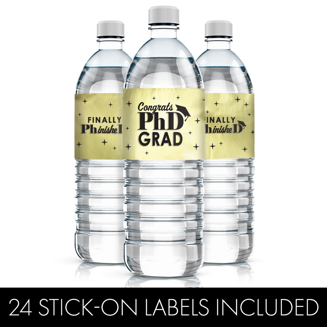 Graduation Class of 2025: Black and Gold PhD Graduation Party Favors - Water Bottle Labels  - 24 Waterproof Stickers